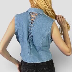 Wrangler Y2K Denim Lace Up Corset Back Sleeveless Festival Vest Top Sz Medium